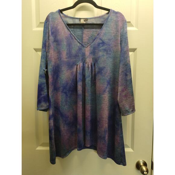 Cocomo Size Large Purple Blue Tie Dye V-Neck Slit Sleeves Slinky Tunic Top - Picture 1 of 5